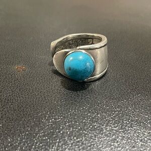 Modern Silver and Blue Ring with Turquoise Stone made from vintage silverware